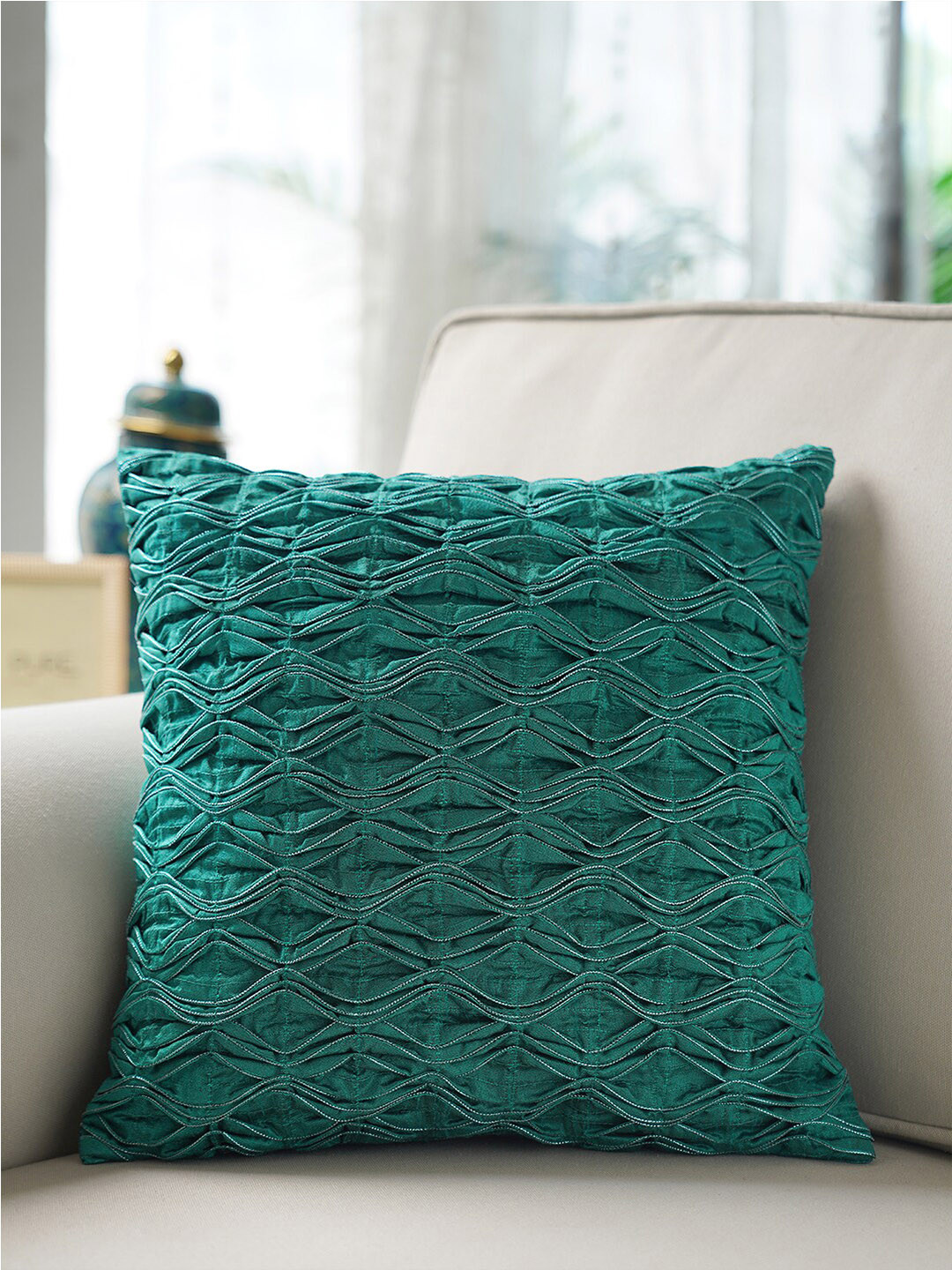 

Pure Home and Living Blue Geometric Embroidered Square Cushion Cover