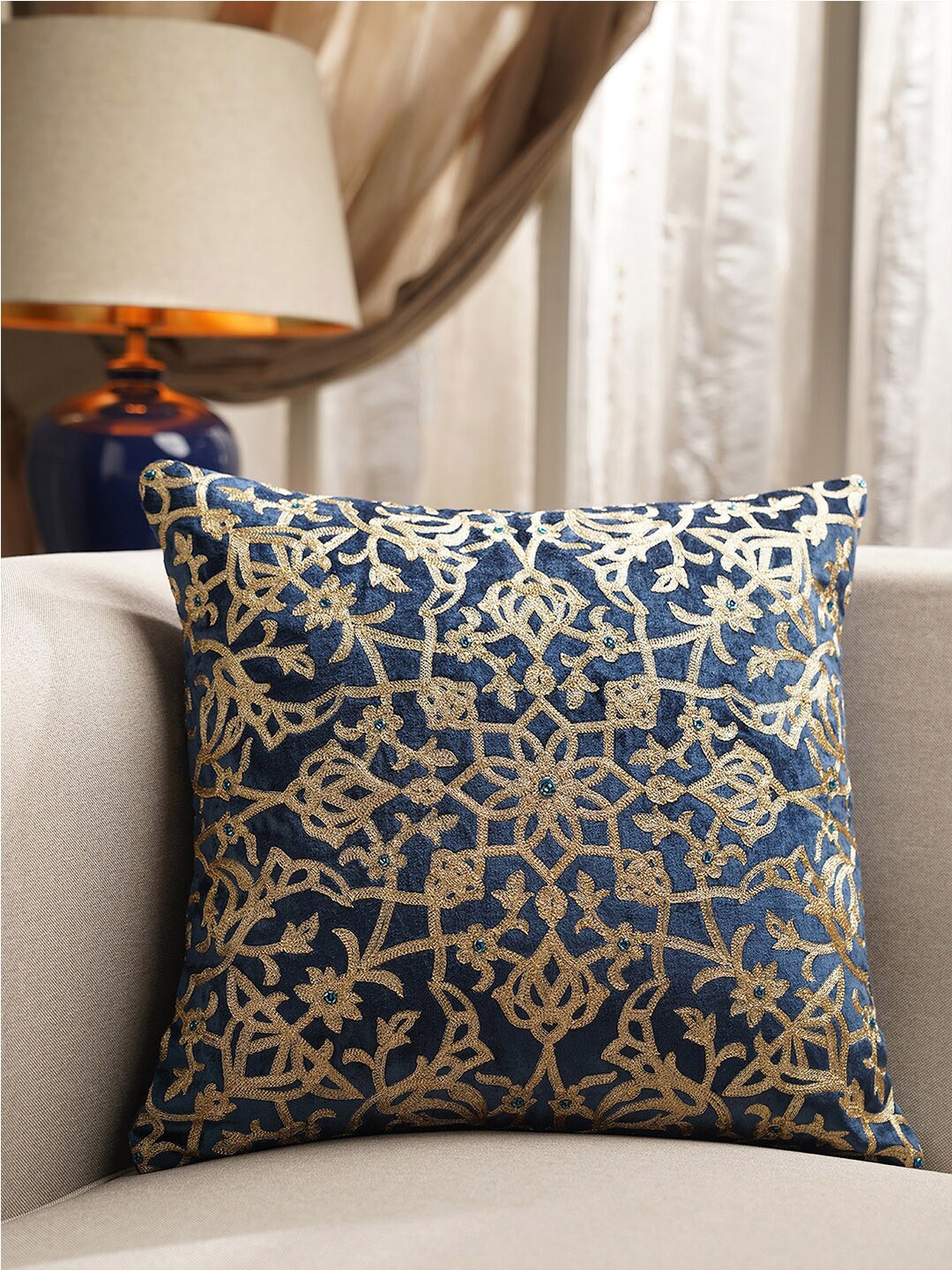 

Pure Home and Living Blue & Gold-Toned Ethnic Motifs Square Cushion Cover