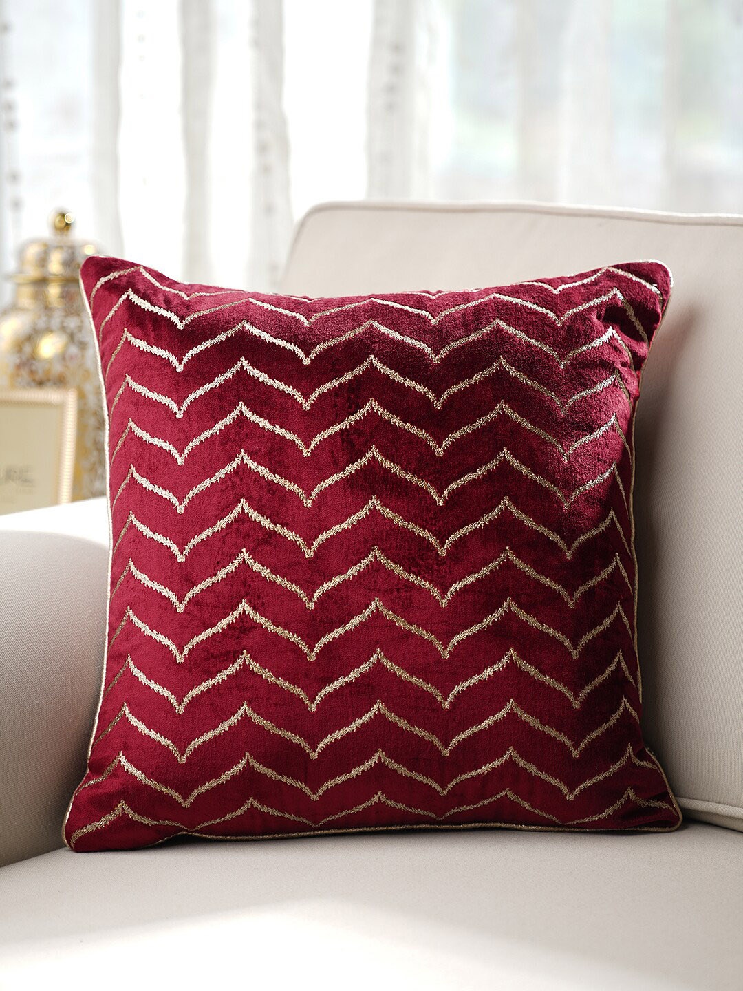

Pure Home and Living Red & Cream-Coloured Embroidered Square Cushion Cover