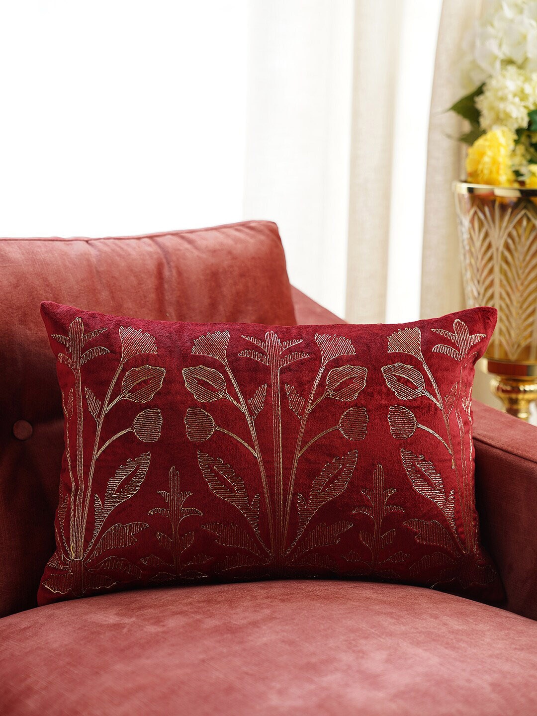 

Pure Home and Living Red & Cream-Coloured Embroidered Velvet Rectangle Cushion Cover