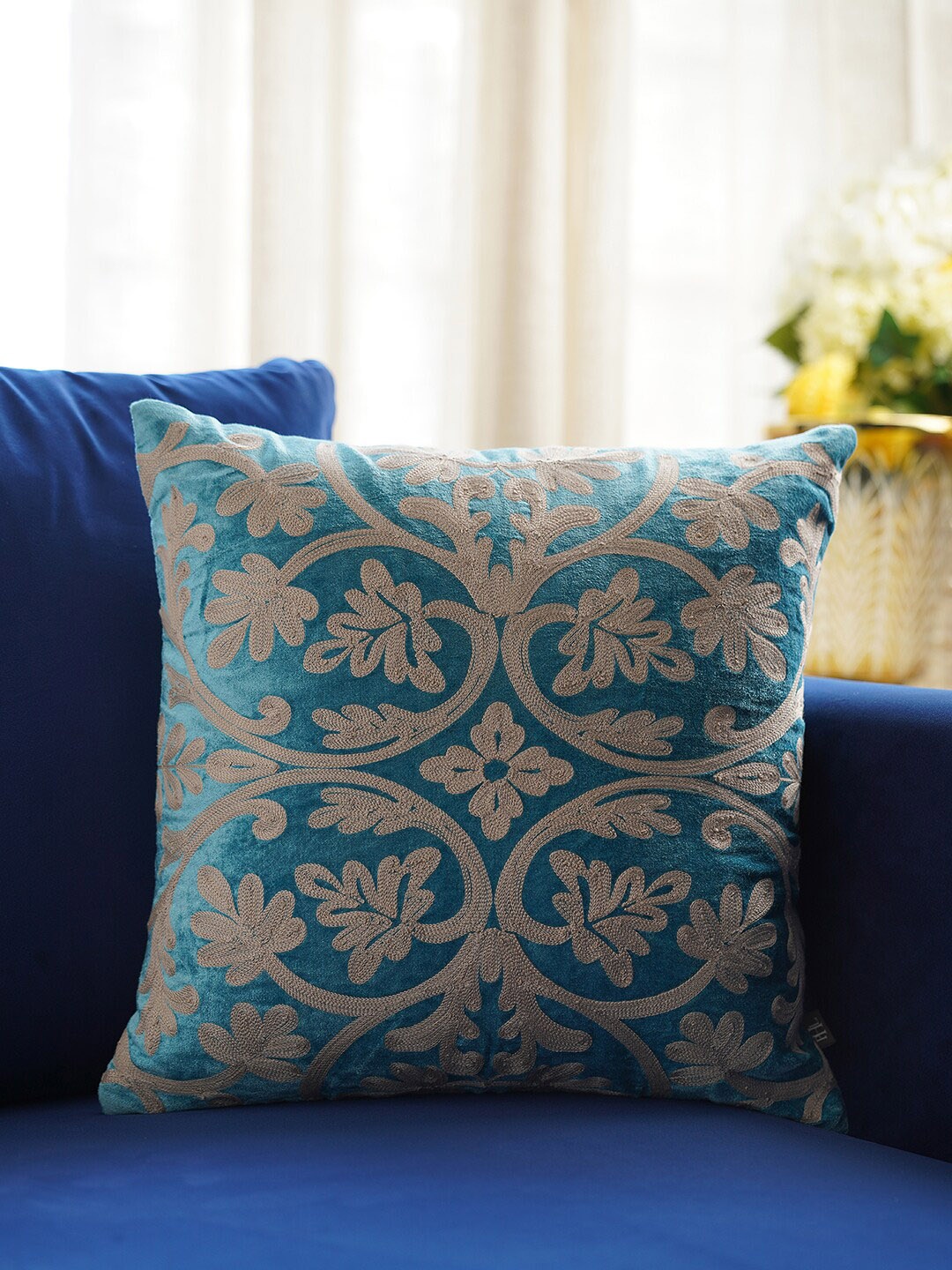 

Pure Home and Living Blue & Gold-Toned Floral Embroidered Square Cotton Cushion Cover