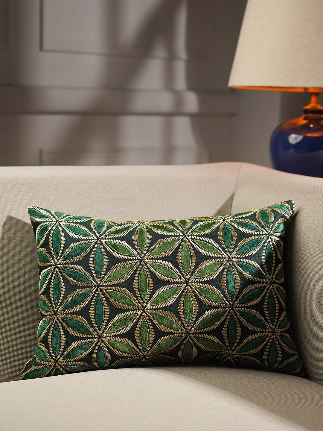 

Pure Home and Living Green & White Embroidered Rectangle Cotton Cushion Cover