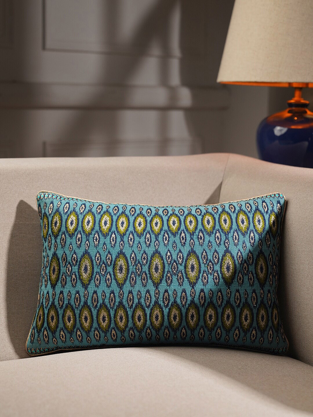 

Pure Home and Living Blue & Green Embroidered Rectangle Cotton Cushion Cover