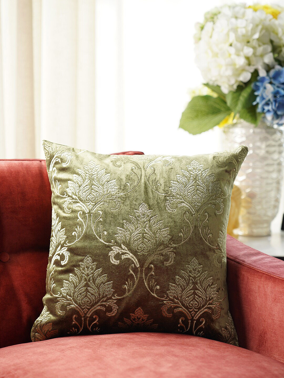 

Pure Home and Living Green Ethnic Motifs Velvet Square Cushion Cover