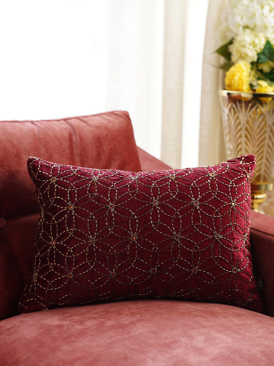

Pure Home and Living Red & Gold-Toned Embroidered Rectangle Cushion Cover