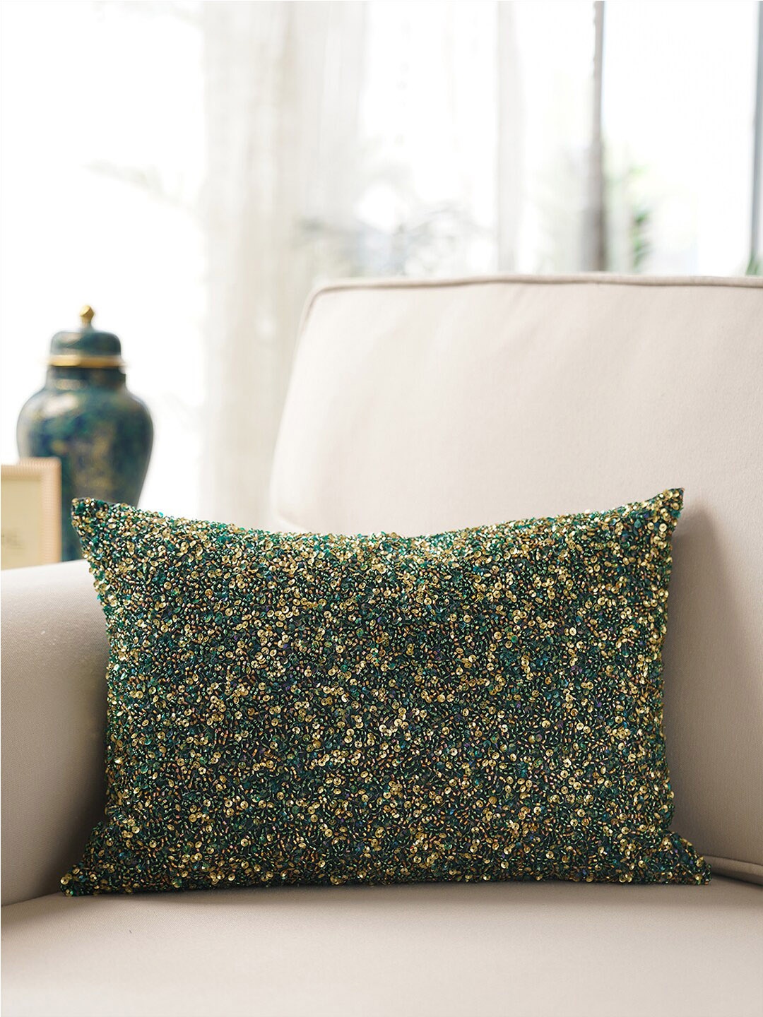 

Pure Home and Living Green & Gold-Toned Embellished Rectangle Cushion Cover