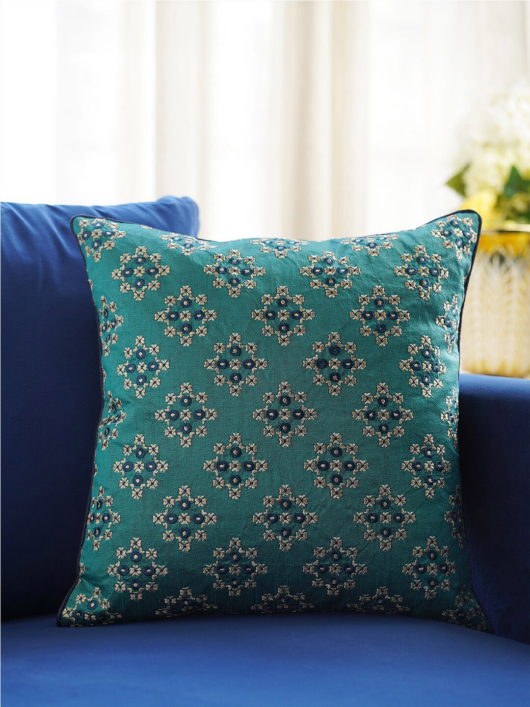 

Pure Home and Living Turquoise Blue & Blue Ethnic Motifs Square Cushion Cover