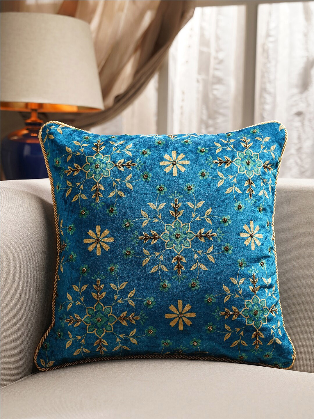 

Pure Home and Living Blue & Gold-Toned Floral Square Cushion Cover