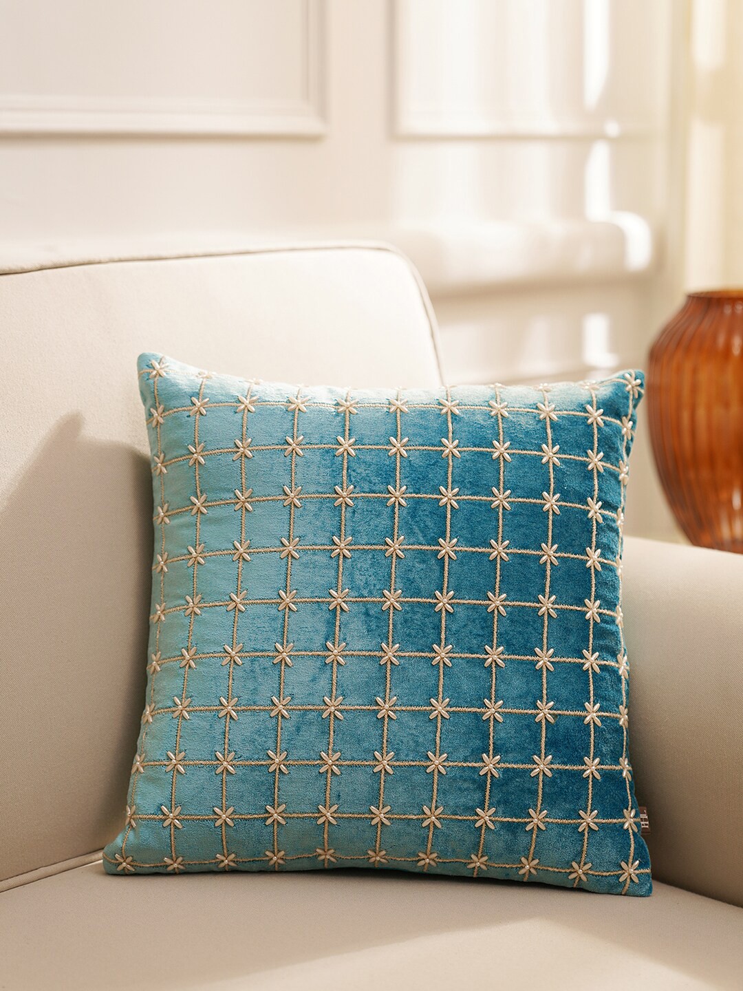 

Pure Home and Living Blue & White Embroidered Square Cushion Covers