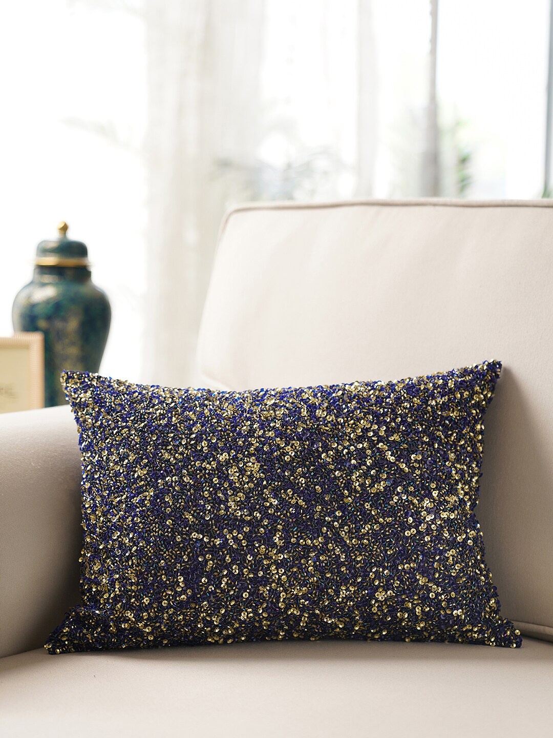 

Pure Home and Living Blue & Gold-Toned Embellished Rectangle Cushion Cover