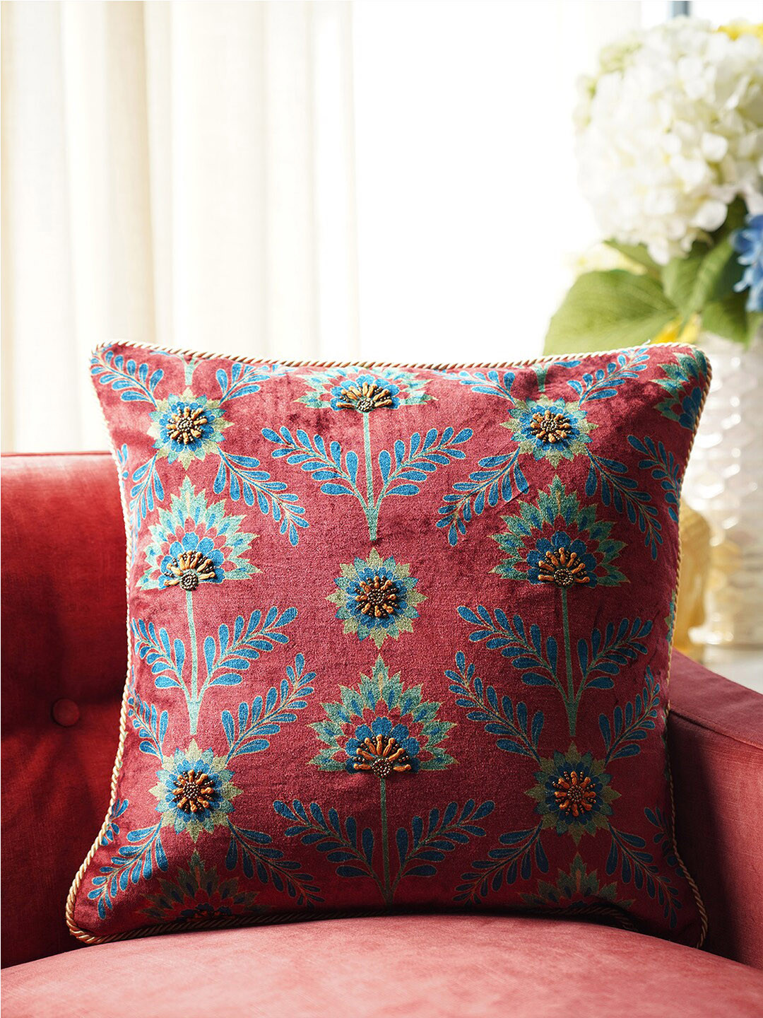 

Pure Home and Living Red & Blue Floral Square Cushion Cover