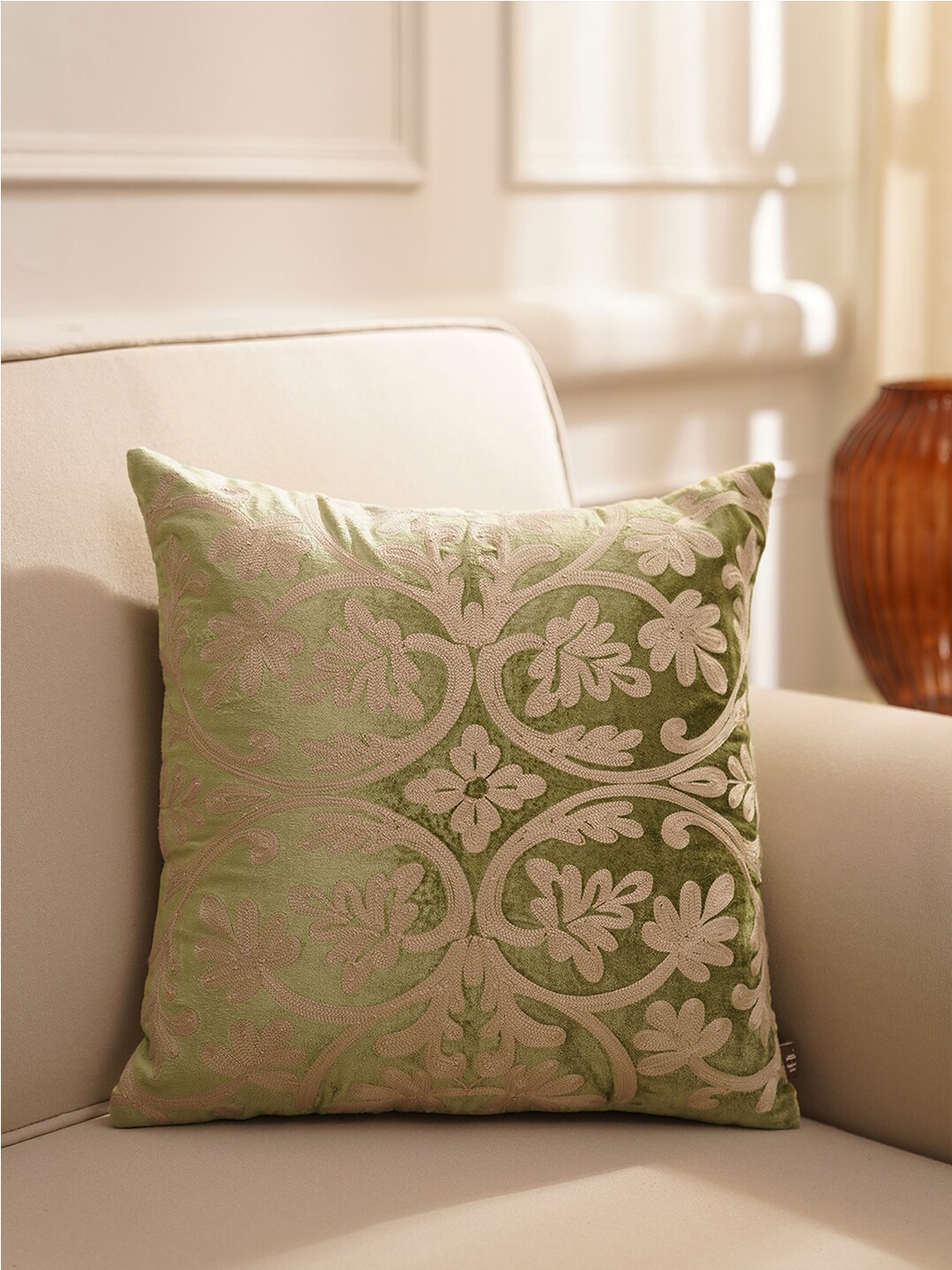 

Pure Home and Living Green & Gold-Toned Ethnic Motifs Square Cushion Cover