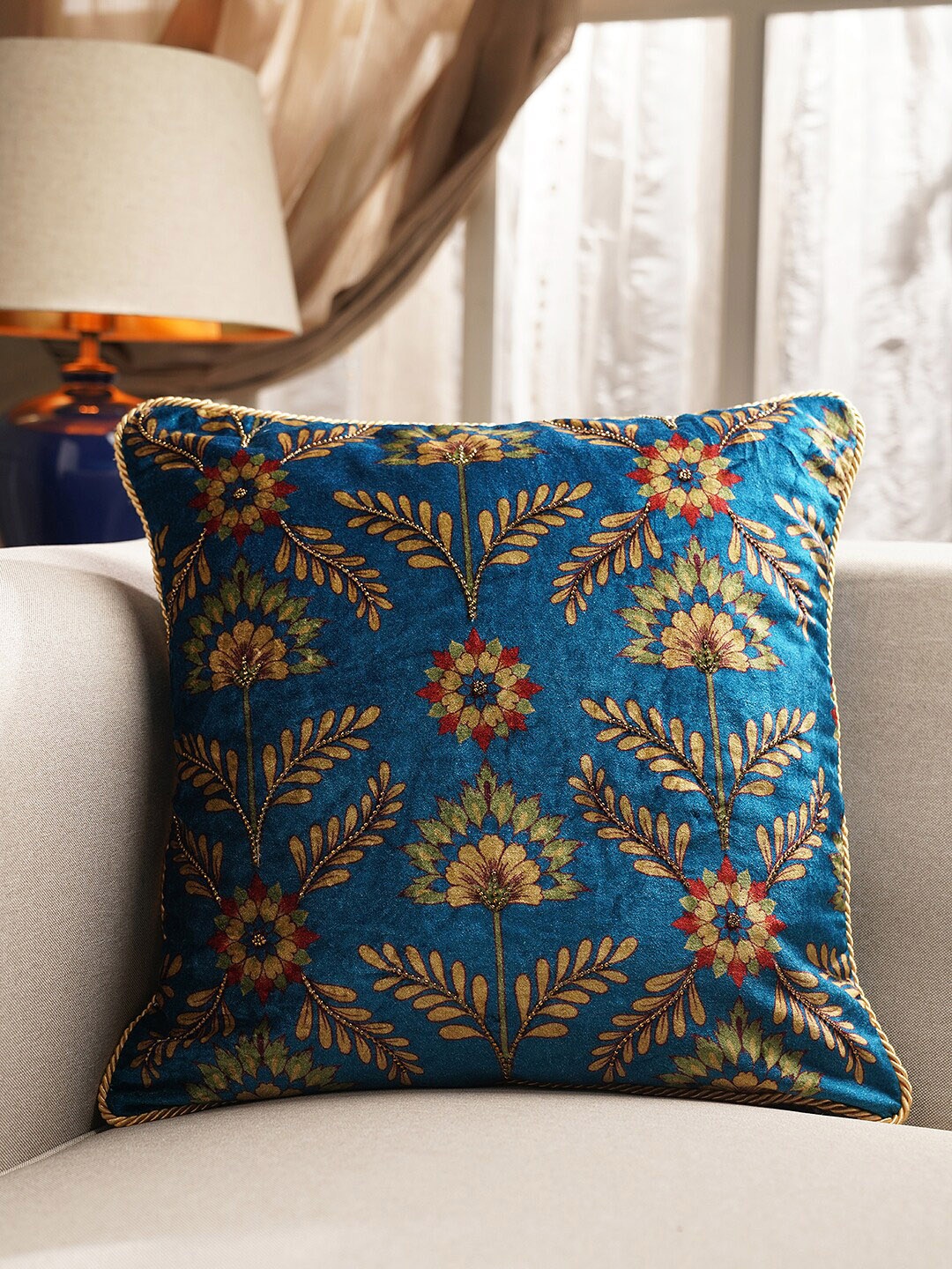 

Pure Home and Living Blue & Gold-Toned Floral Square Cushion Cover