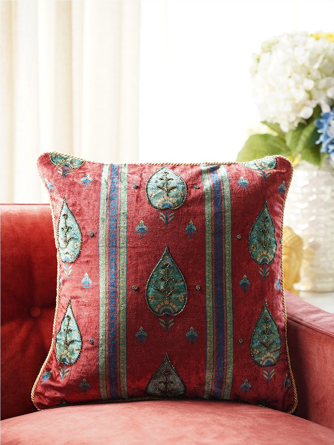 

Pure Home and Living Red & Green Ethnic Motifs Square Cushion Cover