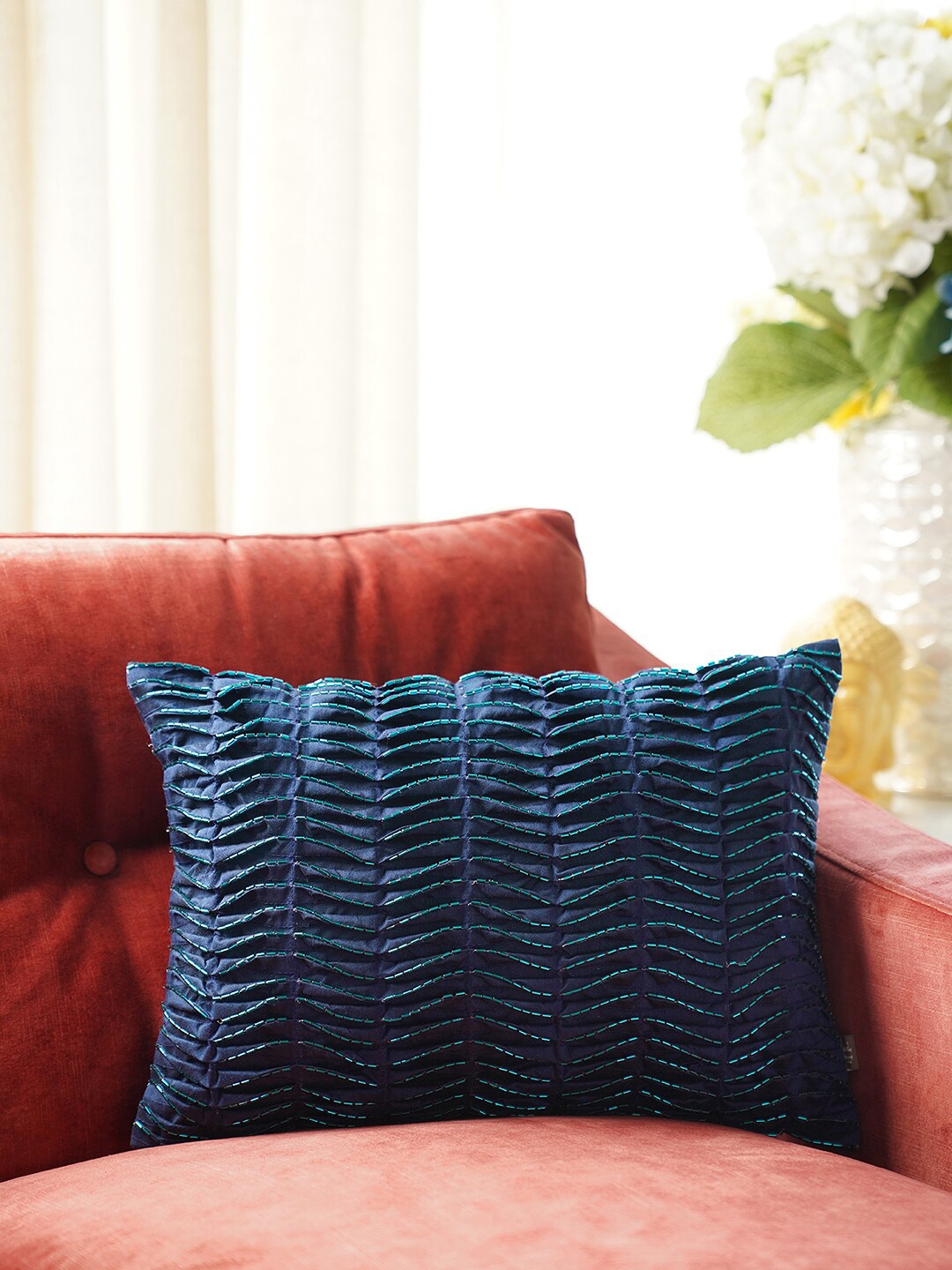 

Pure Home and Living Blue & Green Embroidered Rectangle Cushion Cover
