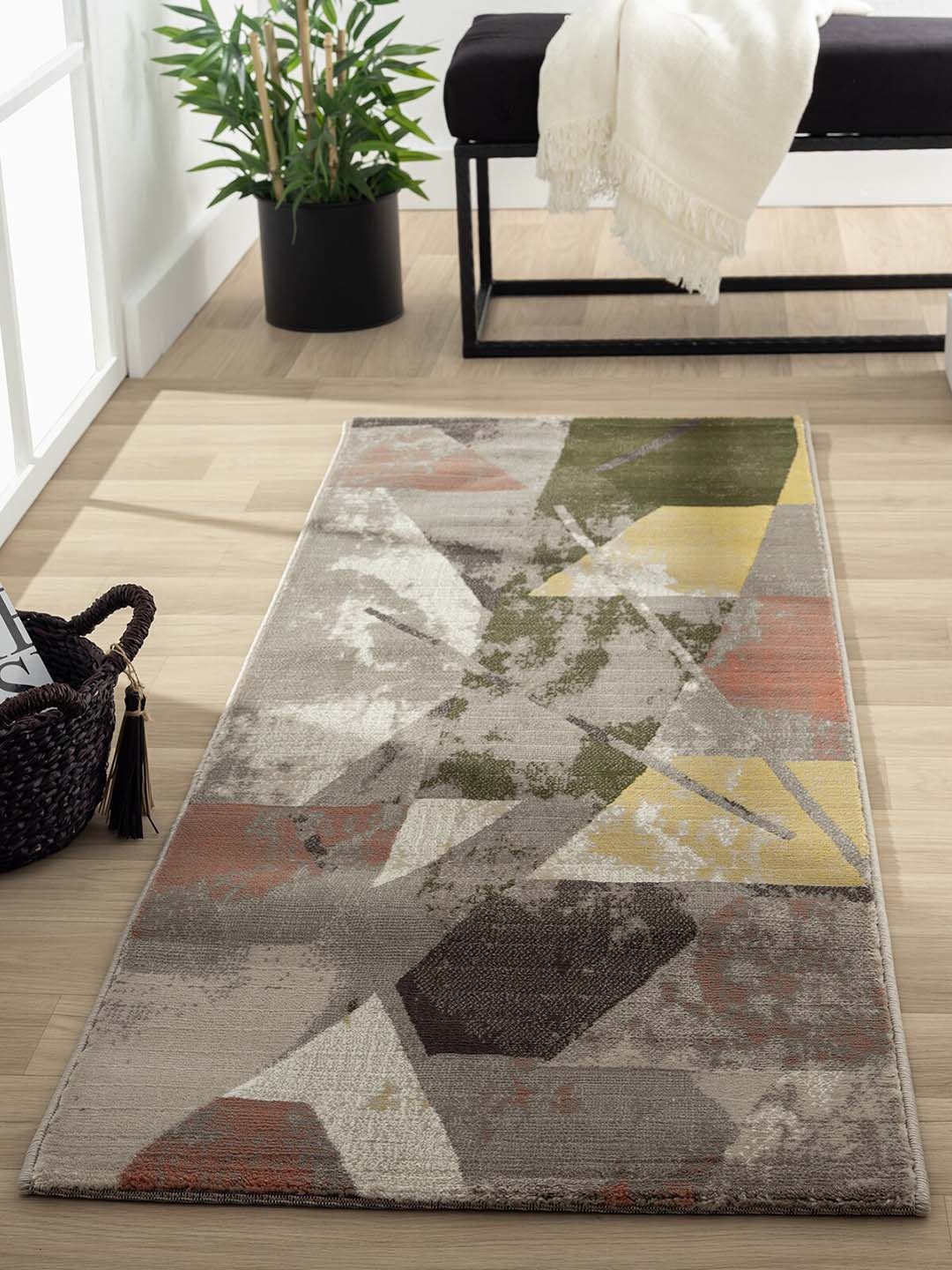 

OBSESSIONS Grey & Olive Green Self-Design Anti-Static Floor Runner