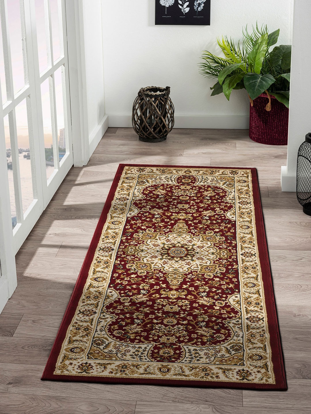 

OBSESSIONS Brown Ethnic Motif Patterned Anti-Static Floor Runner, Red