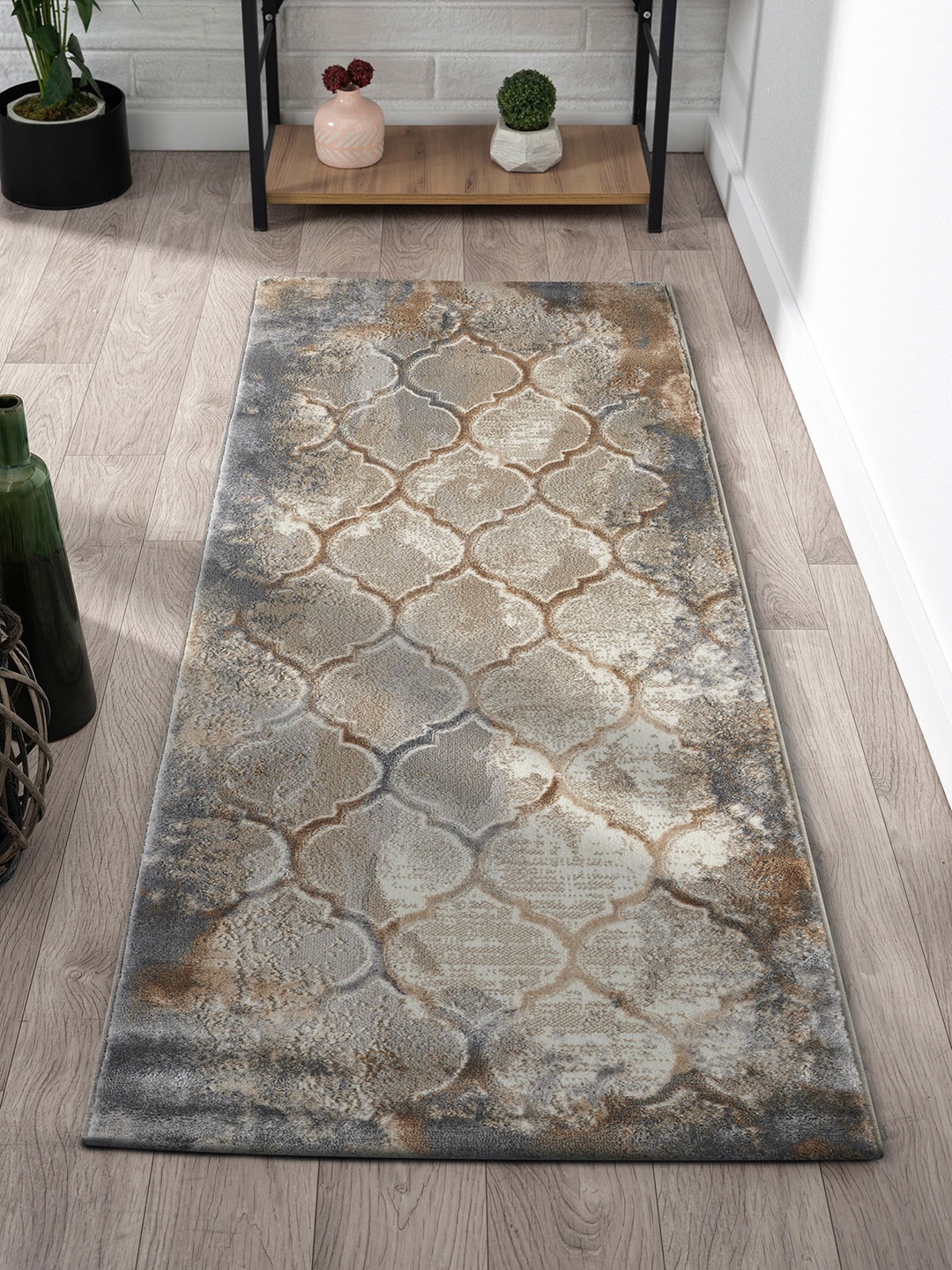 

OBSESSIONS Beige & Grey Ethnic Motif Patterned Anti-Static Floor Runner