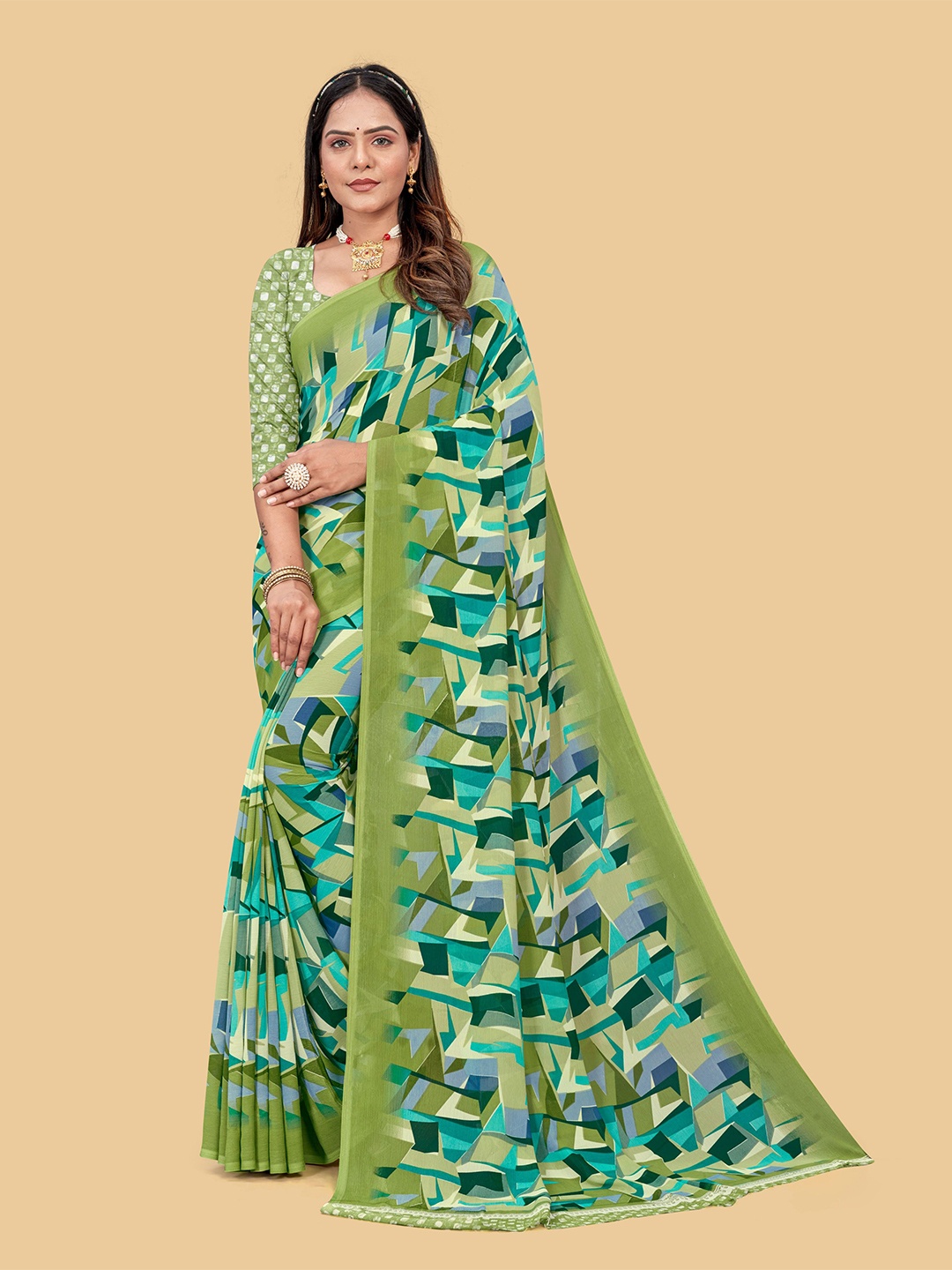 

Dori Abstract Printed Pure Chiffon Saree, Green