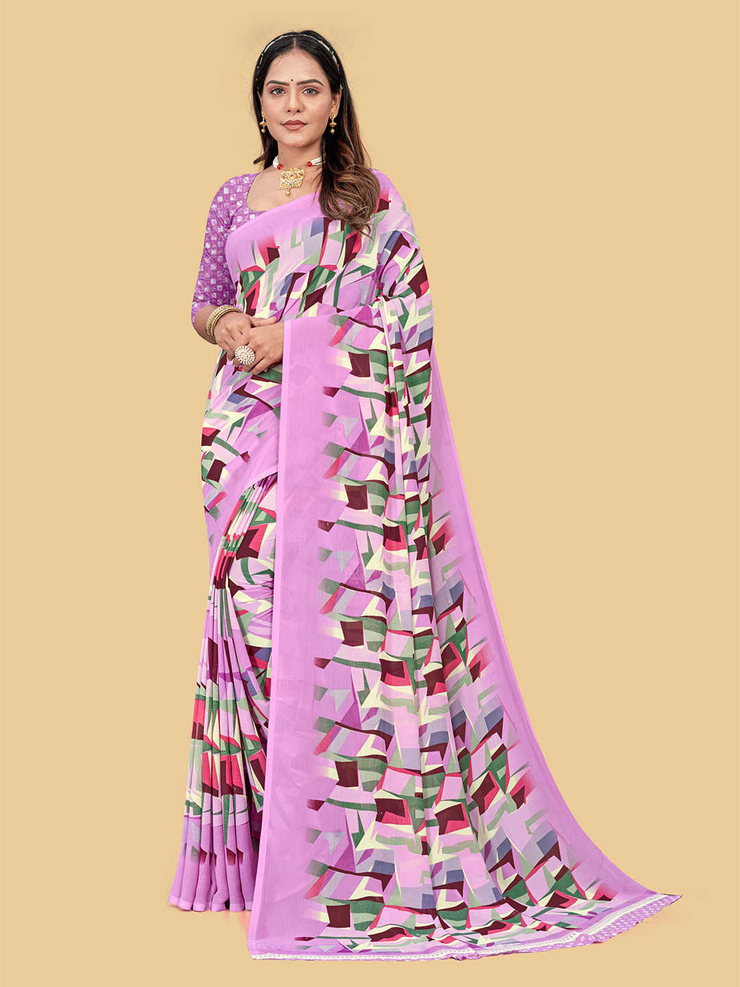 

Dori Abstract Printed Pure Chiffon Saree, Pink
