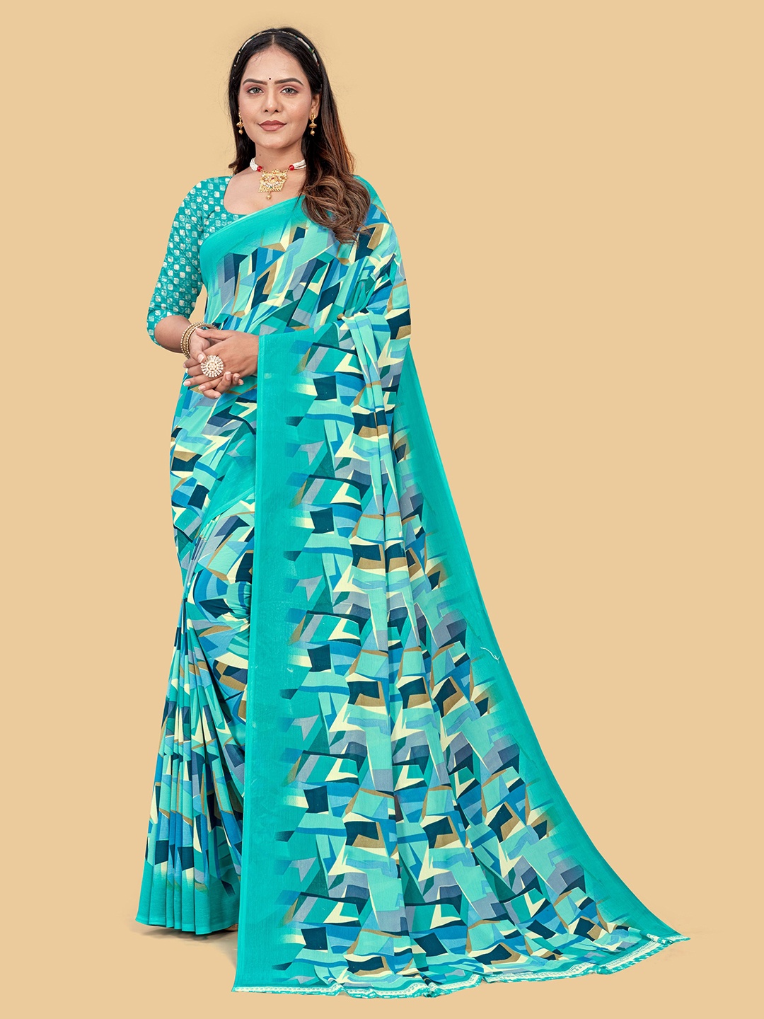 

Dori Abstract Printed Pure Chiffon Saree, Turquoise blue