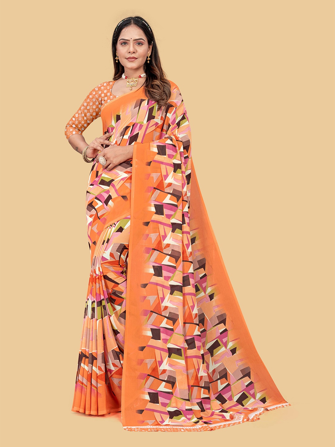 

Dori Abstract Printed Pure Chiffon Saree, Orange