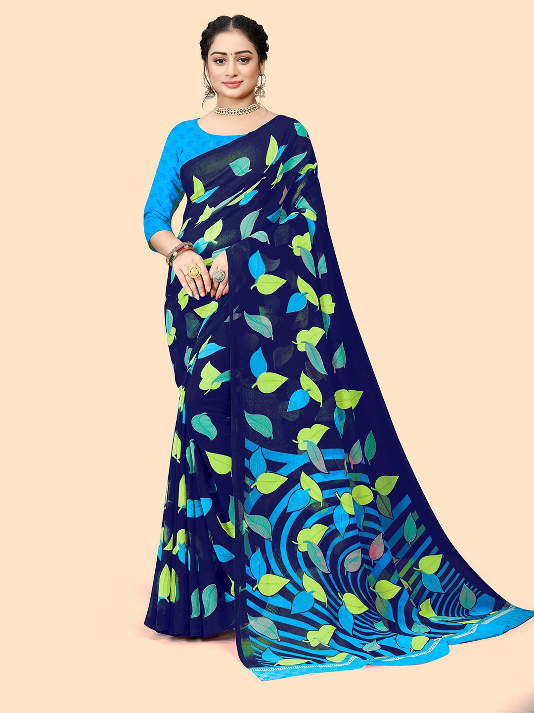 

Dori Leaf Printed Pure Chiffon Saree, Navy blue