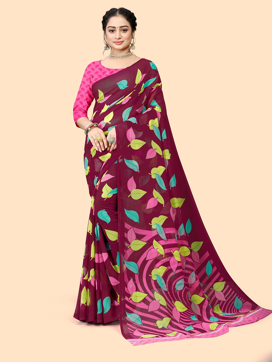 

Dori Leaf Printed Pure Chiffon Saree, Pink