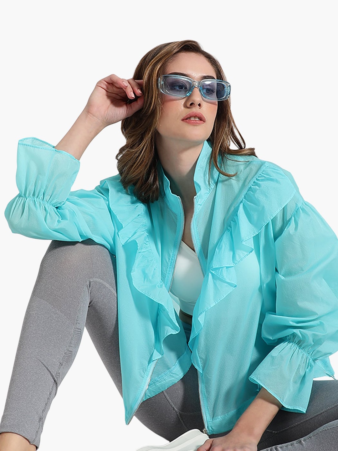 

Virgio Ruffled Windcheater Tailored Jacket, Turquoise blue