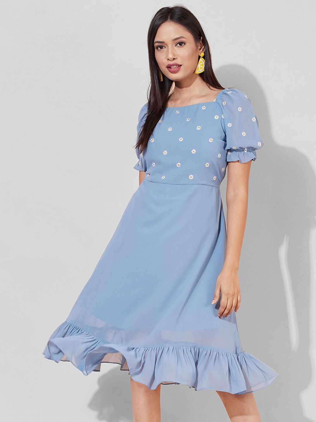 

Selvia Floral Embroidered Pure Georgette A Line Dress, Blue