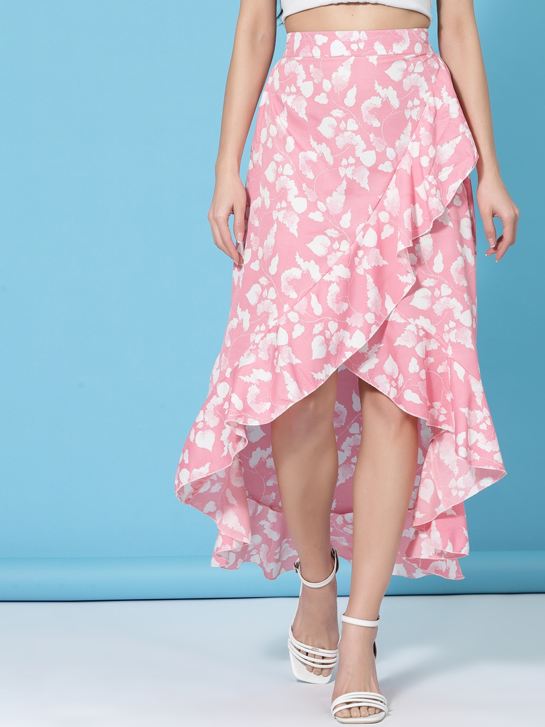 

BAESD Floral Printed High Low Hem Wrap Midi Skirt, Pink