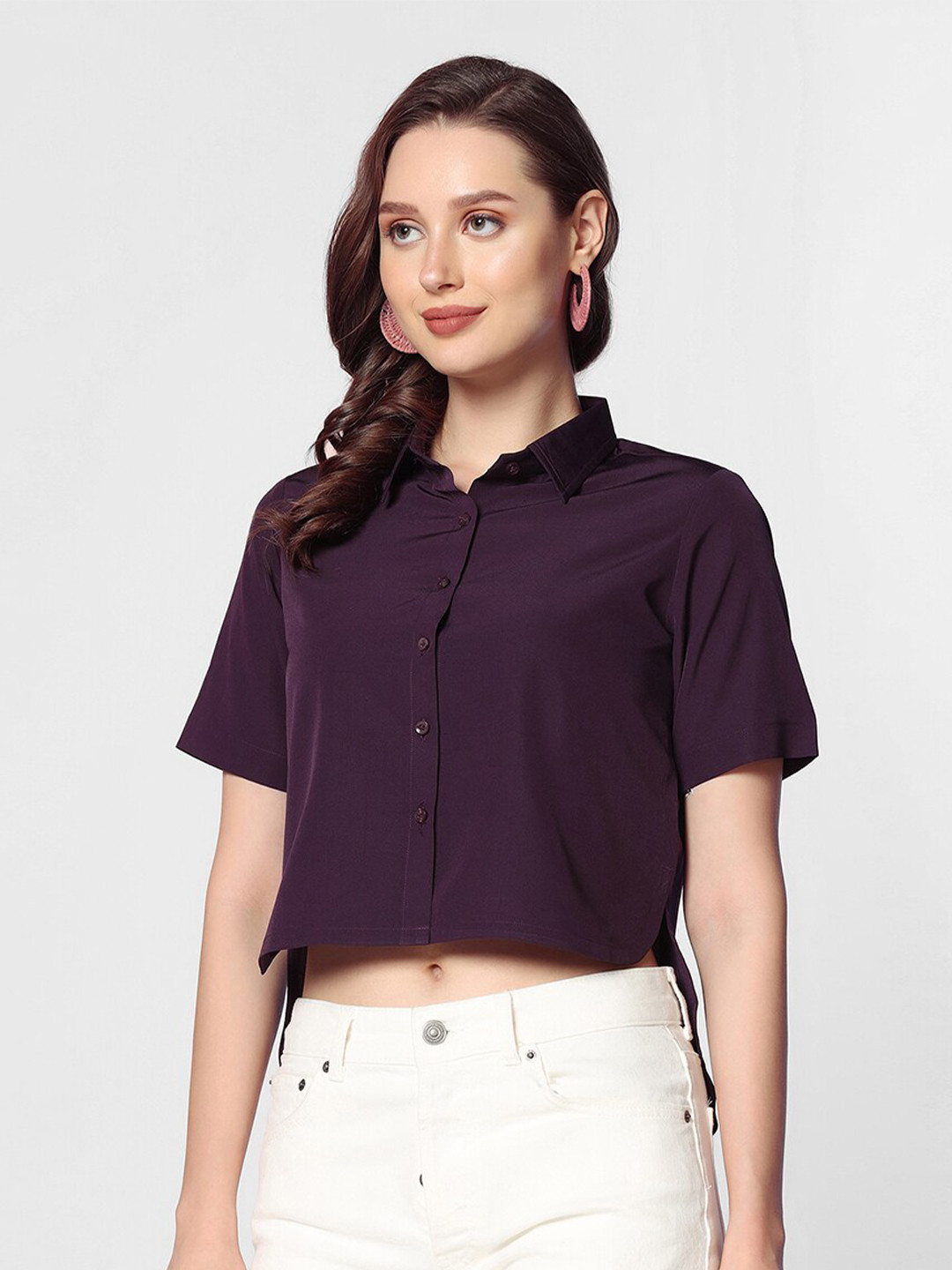 

Selvia Spread Collar Crop Casual Shirt, Purple