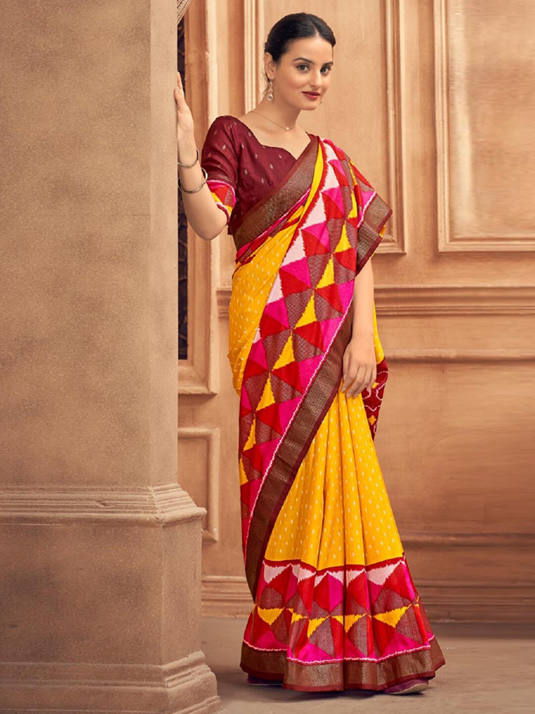 

Mitera Yellow Geometric Printed Saree