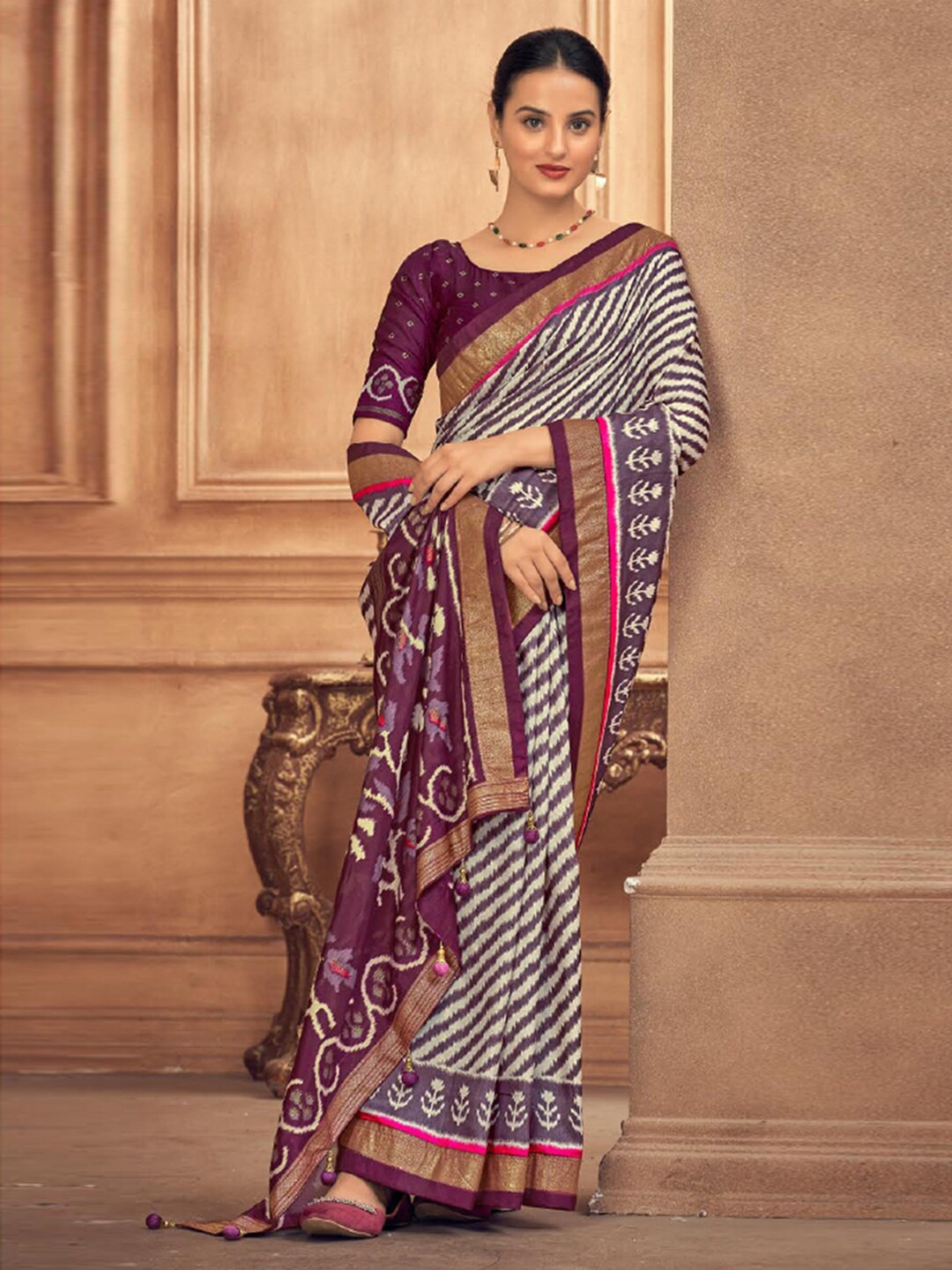 

Mitera Purple Leheriya Printed Zari Detailed Saree