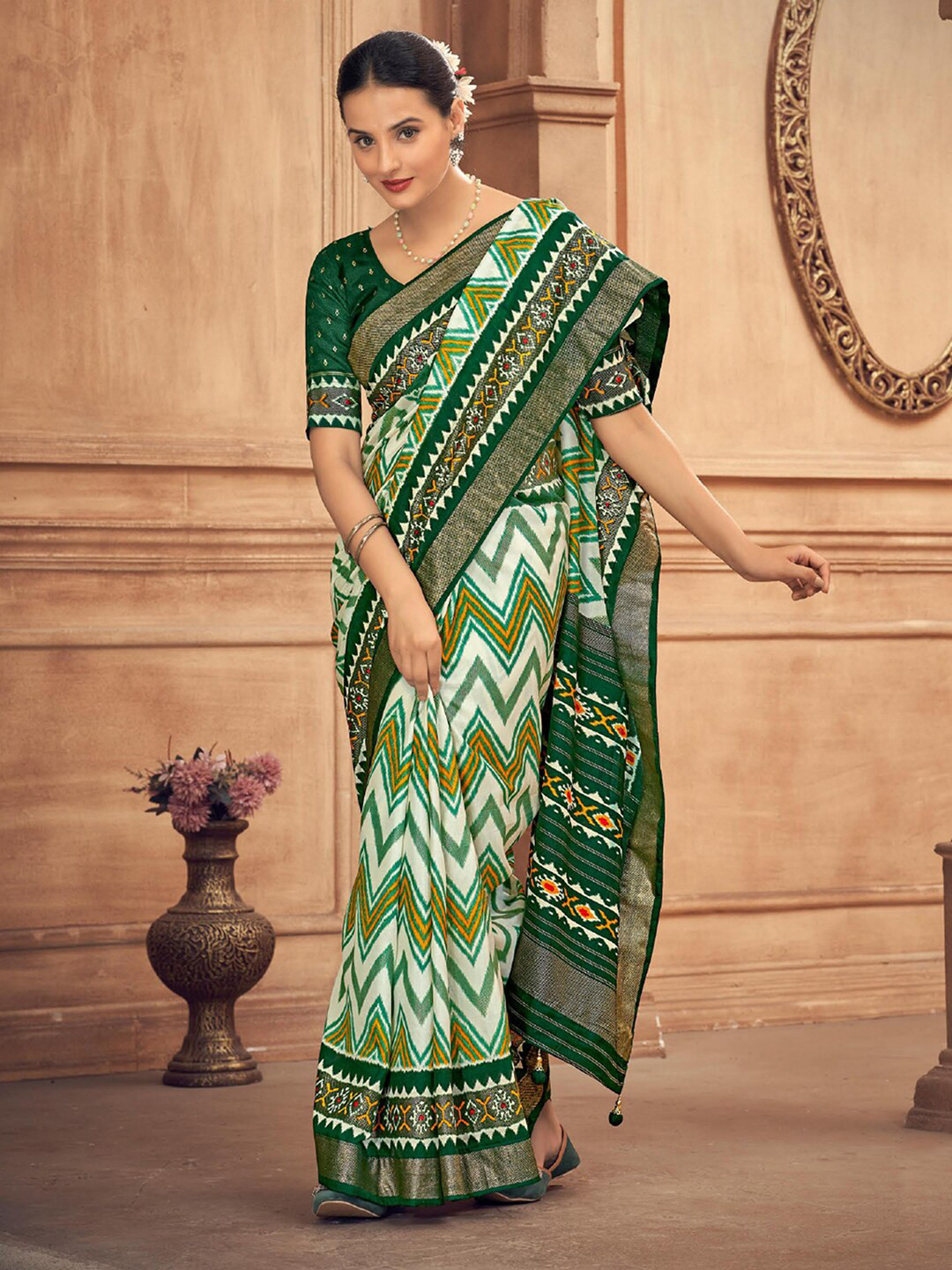 

Mitera Off White Geometric Printed Zari Detailed Saree