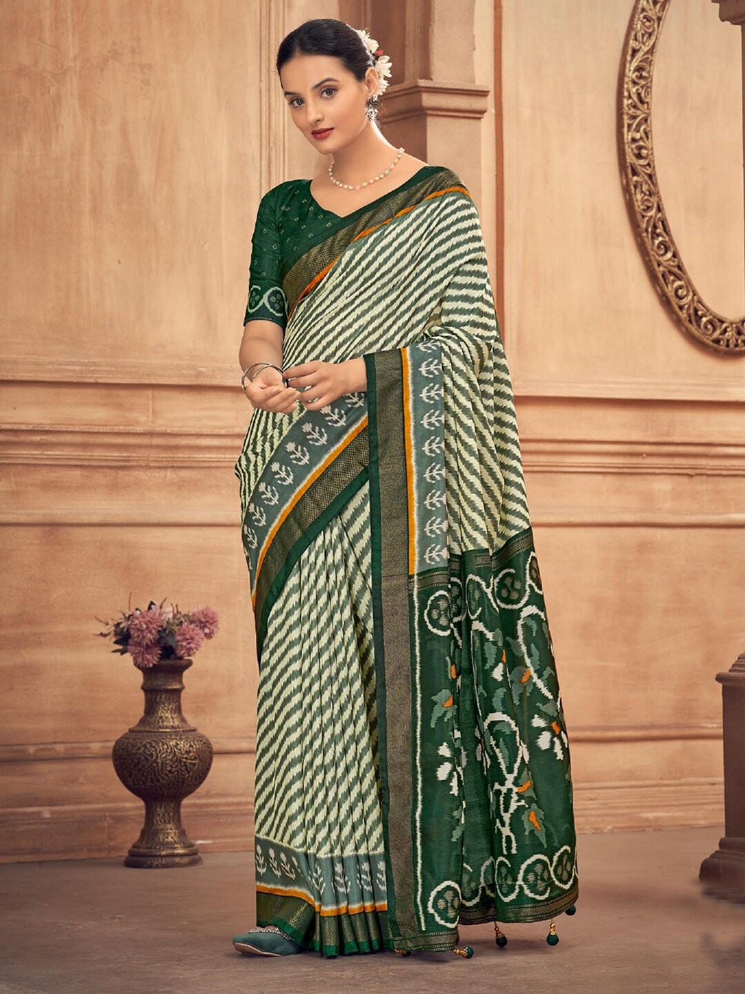 

Mitera Green Leheriya Printed Zari Detailed Saree, Gold