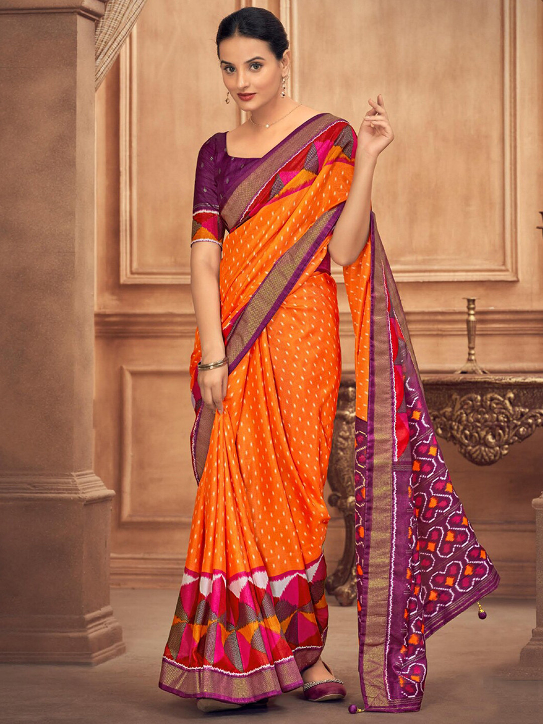 

Mitera Orange Geometric Printed Saree