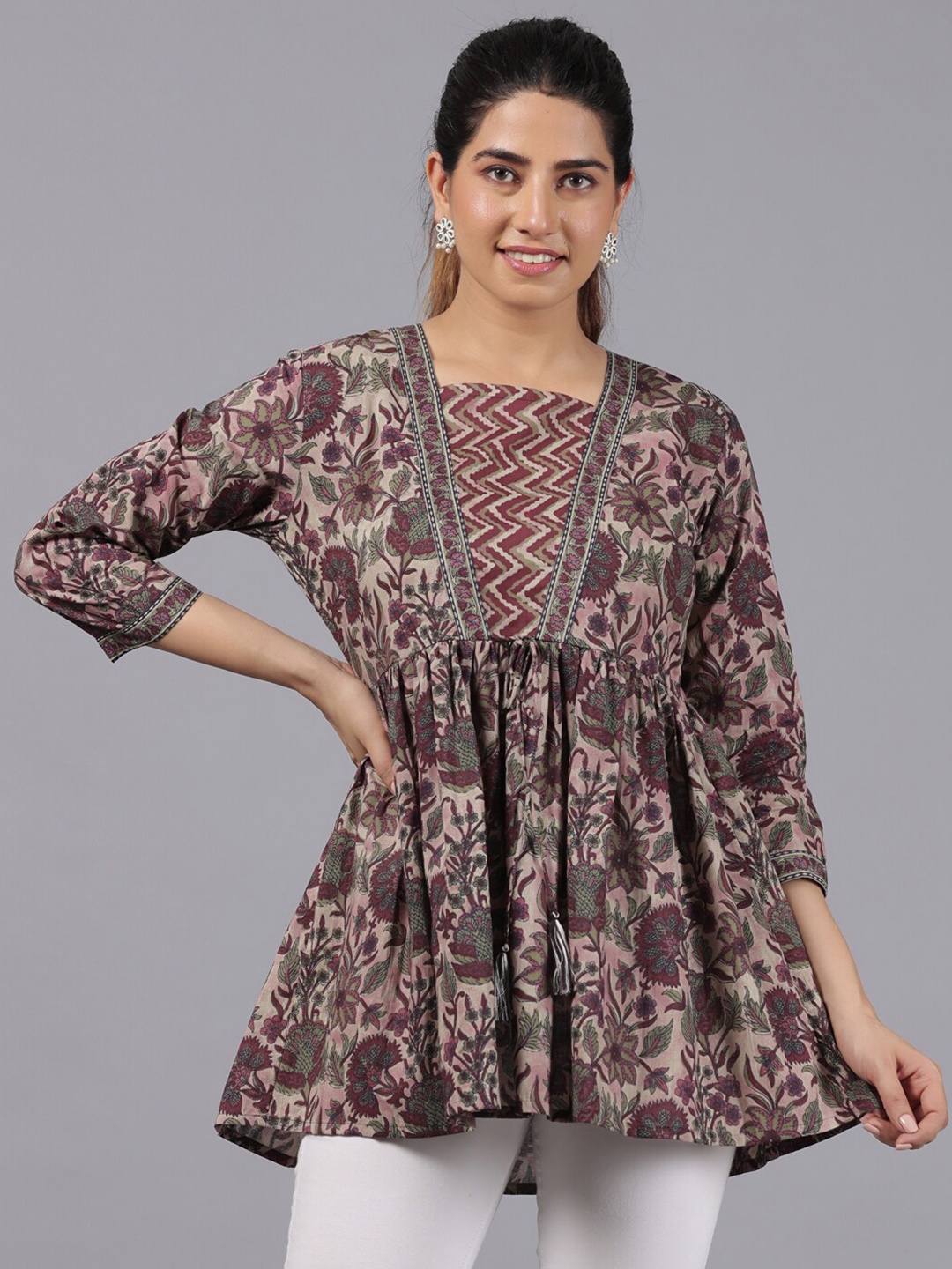 

PARCHHAI Floral Printed Square Neck Pure Cotton Peplum Longline Top, Maroon