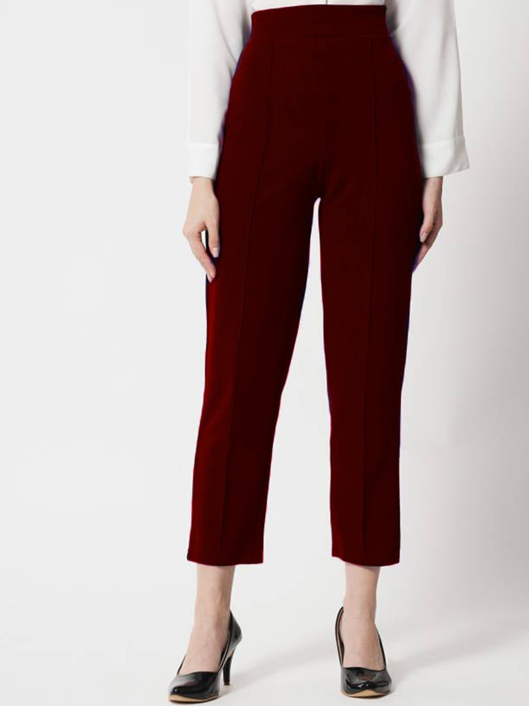 

WESTHOOD Women Relaxed Loose Fit High-Rise Cropped Regular Trousers, Maroon