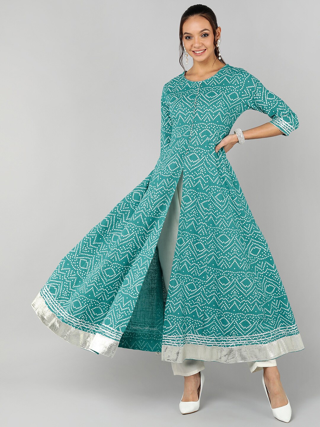 

Senyora Bandhani Printed GottaPatti A-line Cotton kurta, Turquoise blue
