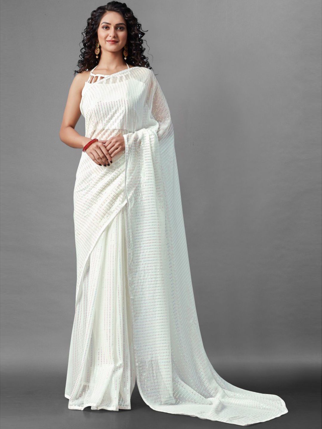 

VEERAX Embellished Sequinned Heavy Work Saree, White