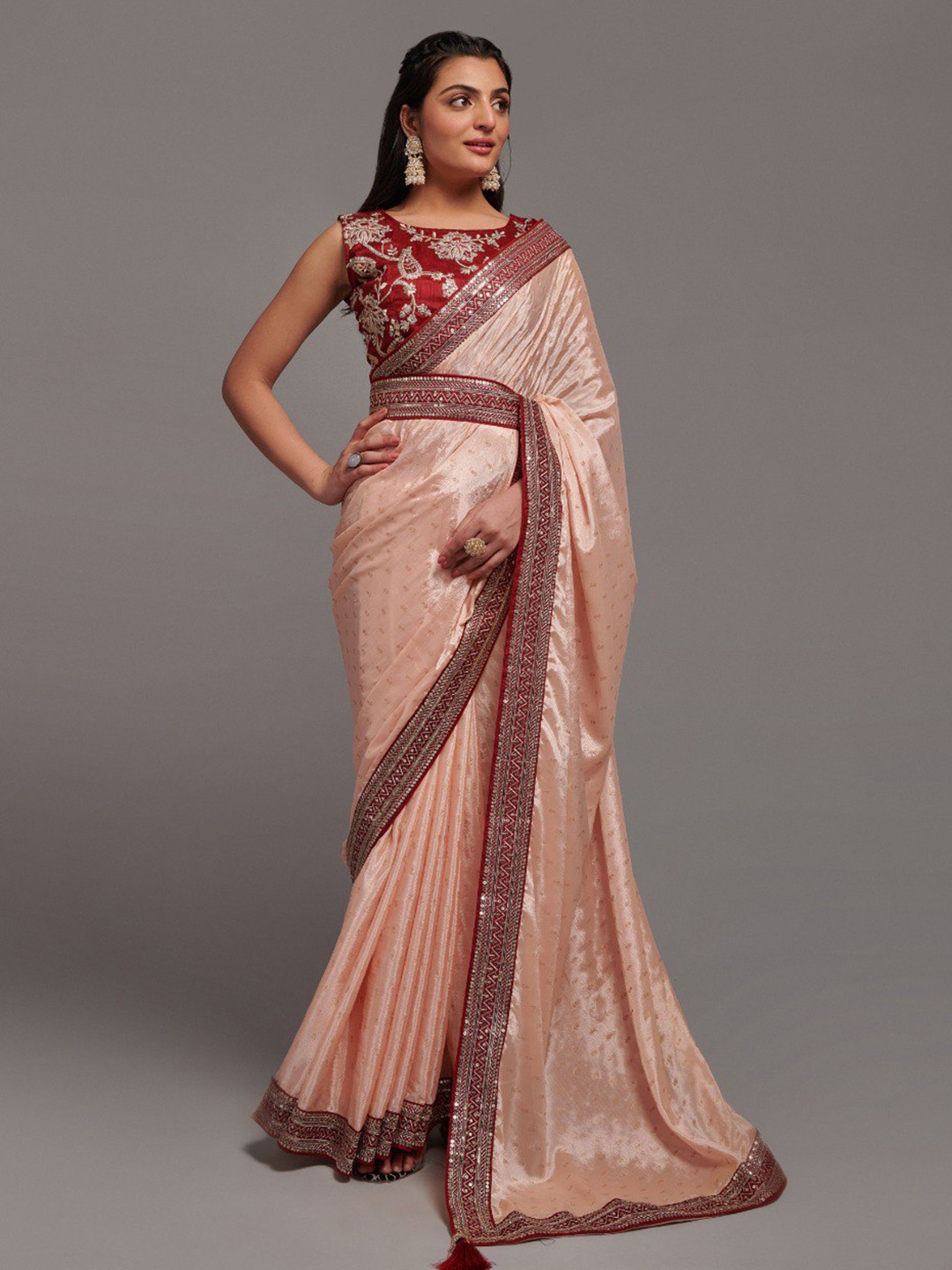 

VEERAX Embellished Embroidered Pure Chiffon Belted Saree, Peach
