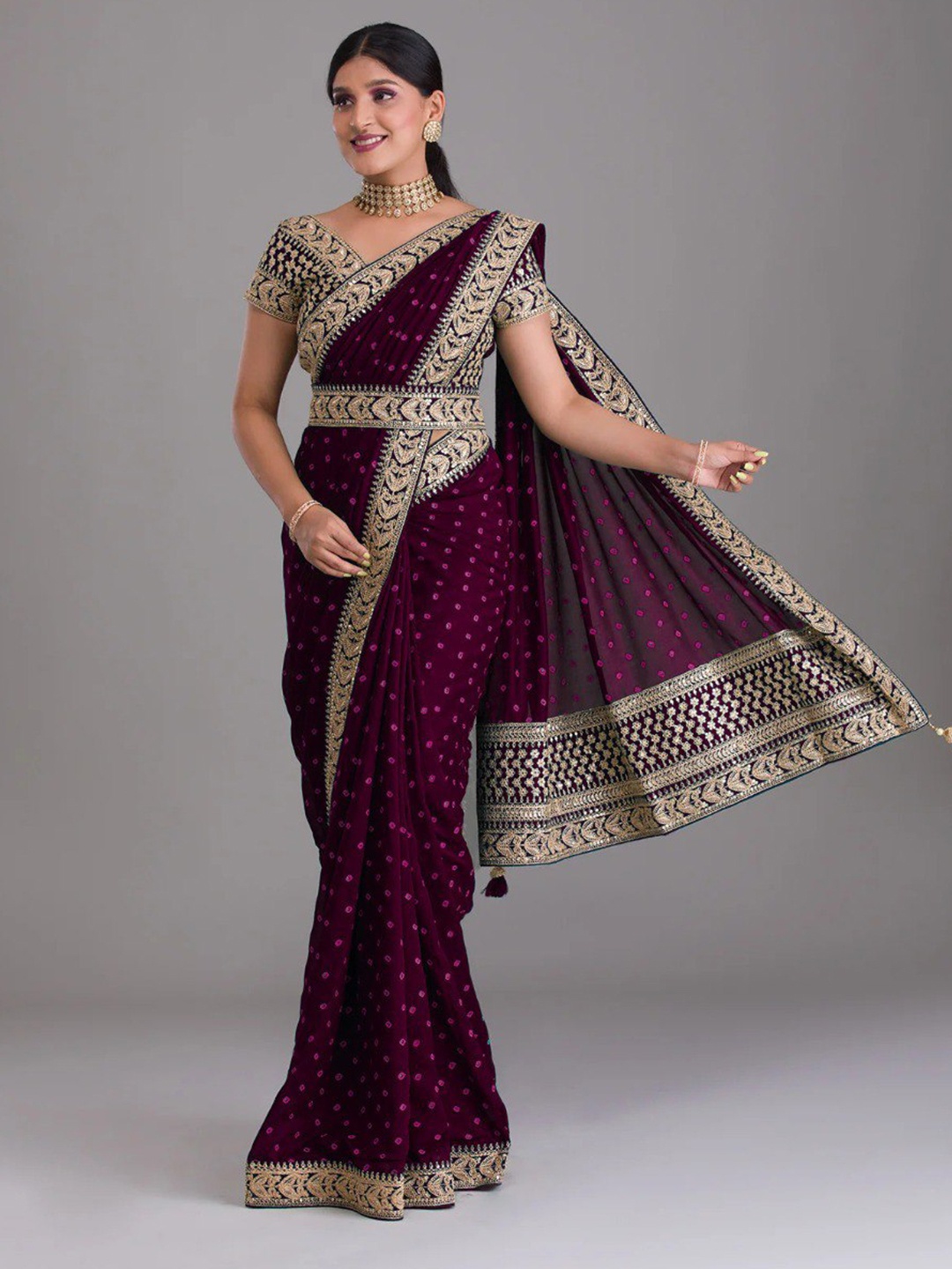 

VEERAX Embroidered Belted Saree, Purple