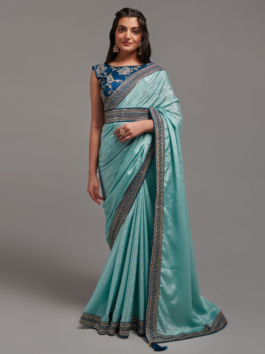 

VEERAX Ethnic Motifs Sequinned Belted Saree, Blue