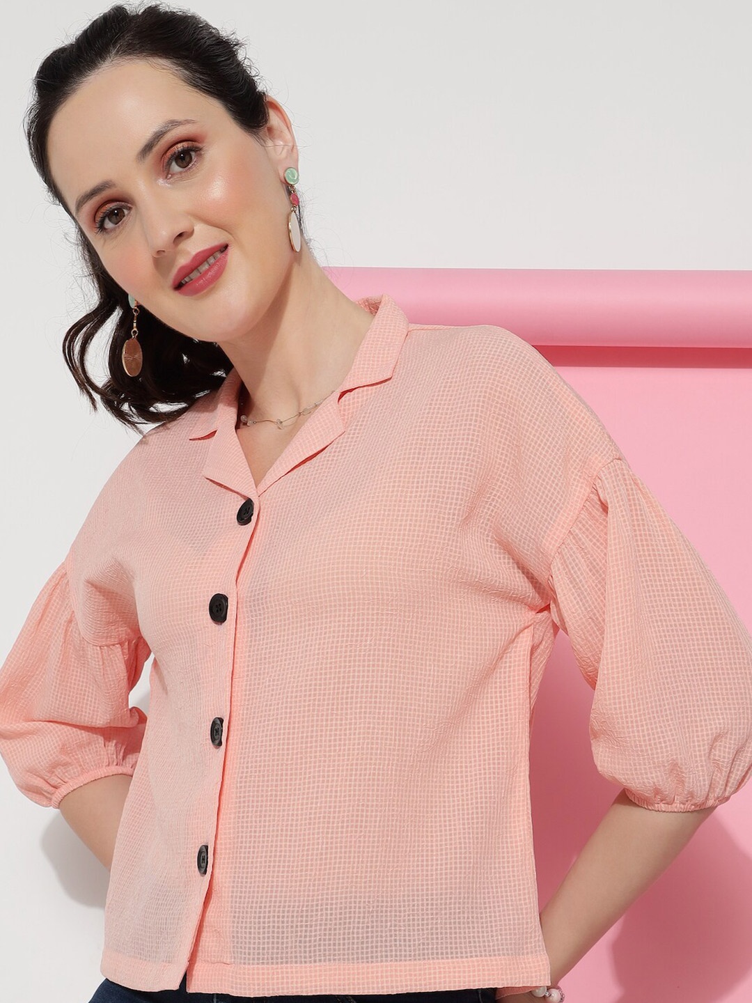 

HERE&NOW Premium Fit Vertical Striped Puff Sleeves Casual Shirt, Peach
