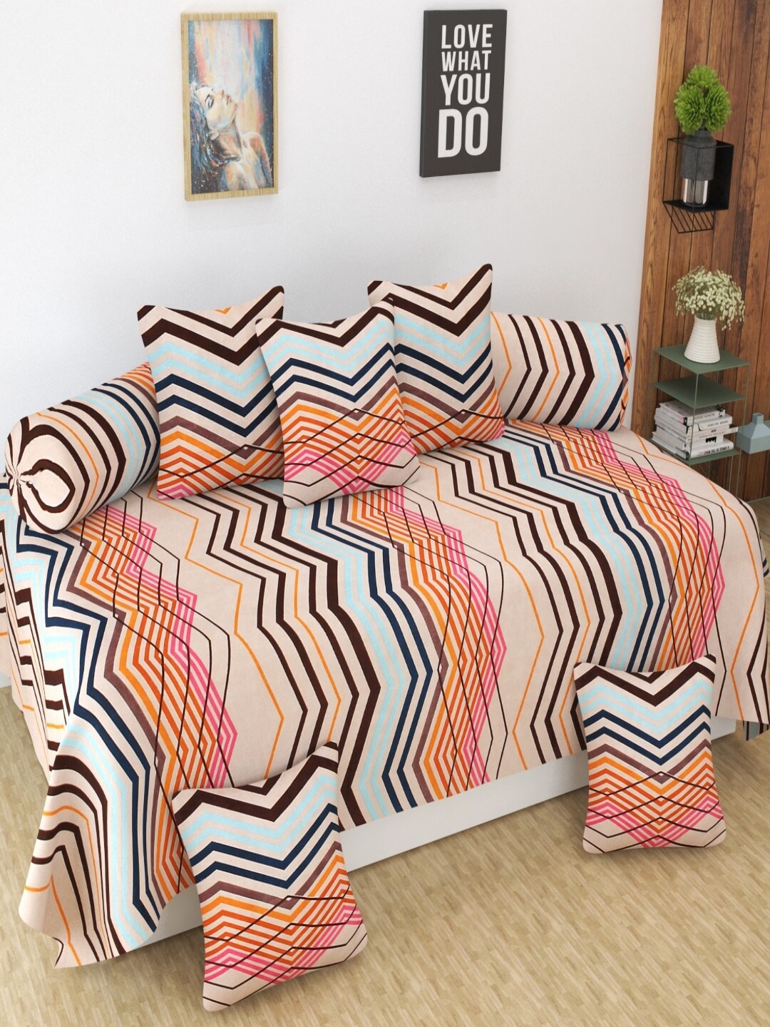 

Homefab India 8-Pcs Pink & Brown Printed Microfiber Diwan Set