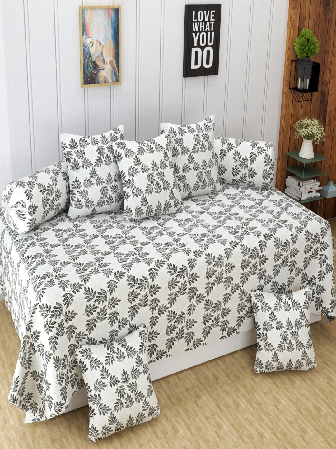 

Homefab India 8-Pcs White & Grey Printed Satin Finished Cotton Diwan Set