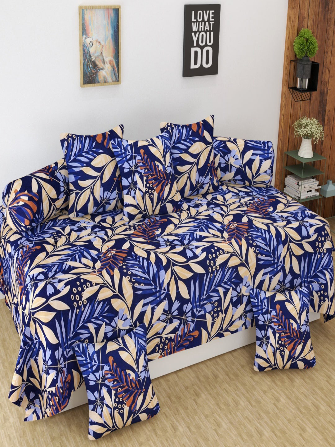 

Homefab India 8-Pcs Blue Printed Microfiber Diwan Set