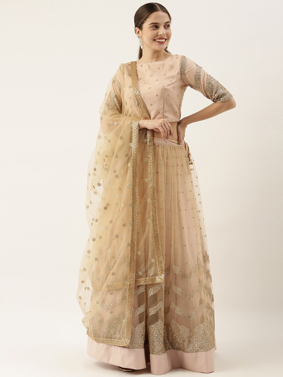 

Ethnovog Embroidered Sequinned Semi-Stitched Lehenga & Unstitched Blouse With Dupatta, Beige
