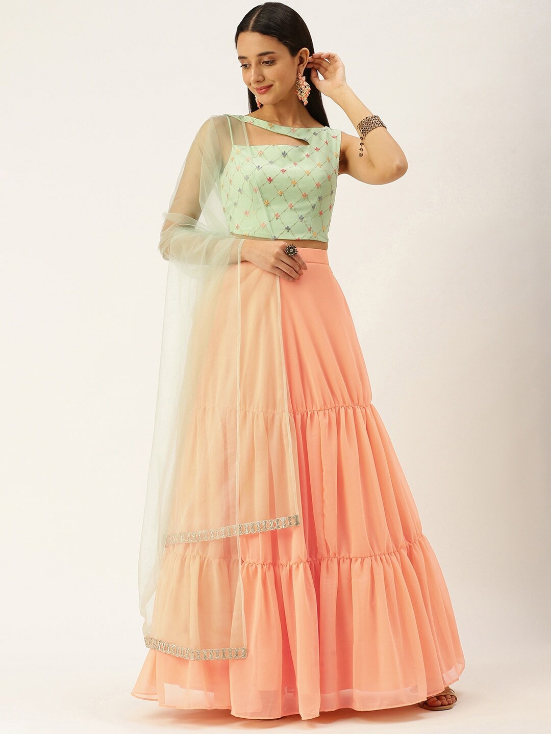 

Ethnovog Embroidered Semi-Stitched Lehenga & Unstitched Blouse With Dupatta, Green